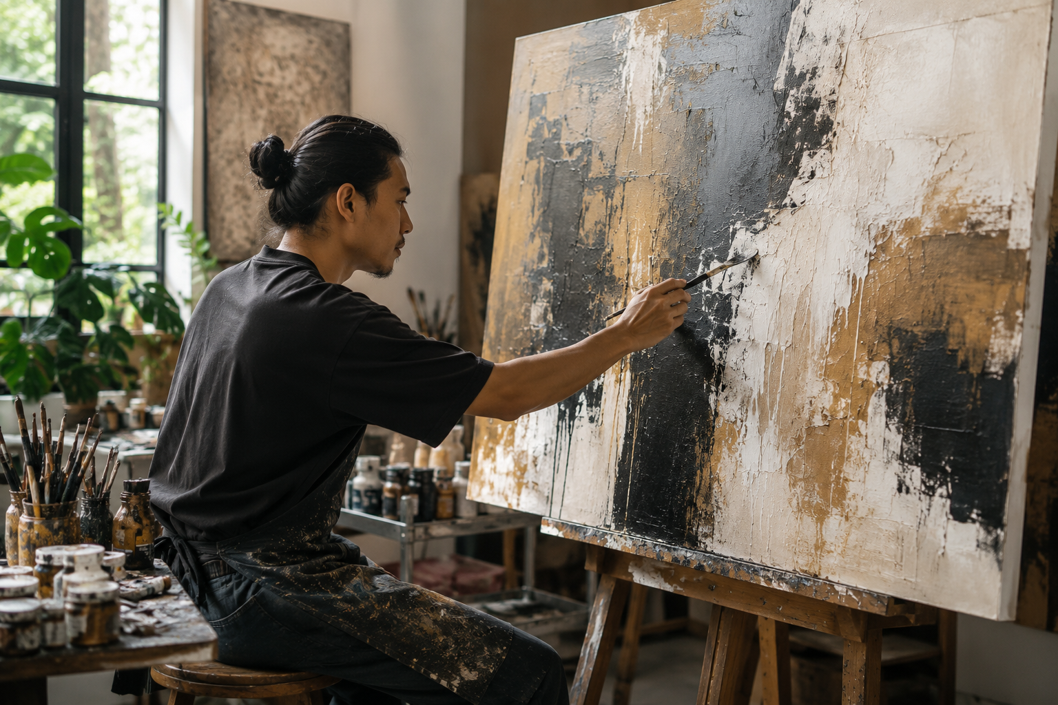Artist painting a large abstract artwork in a bright studio