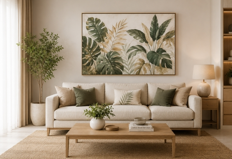Beige sofa matched with botanical wall art