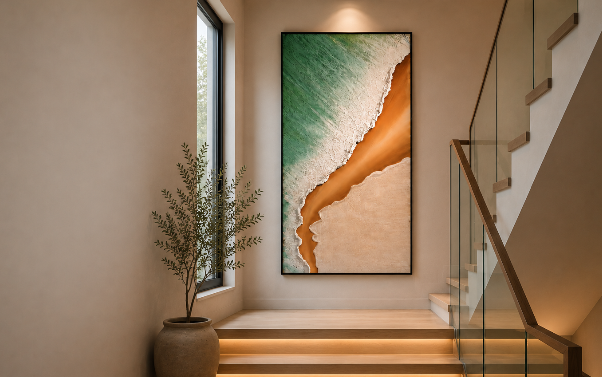 Textured coastal artwork displayed in a modern luxury interior