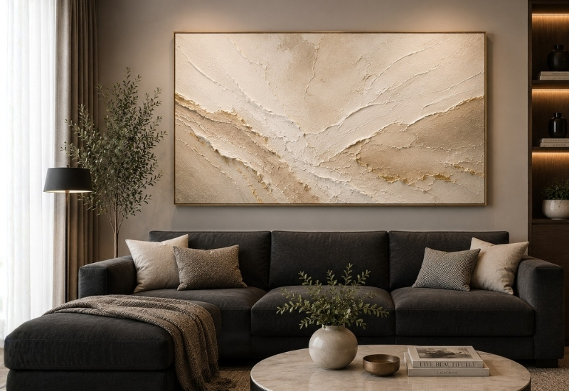 Dark sofa paired with contemporary wall art