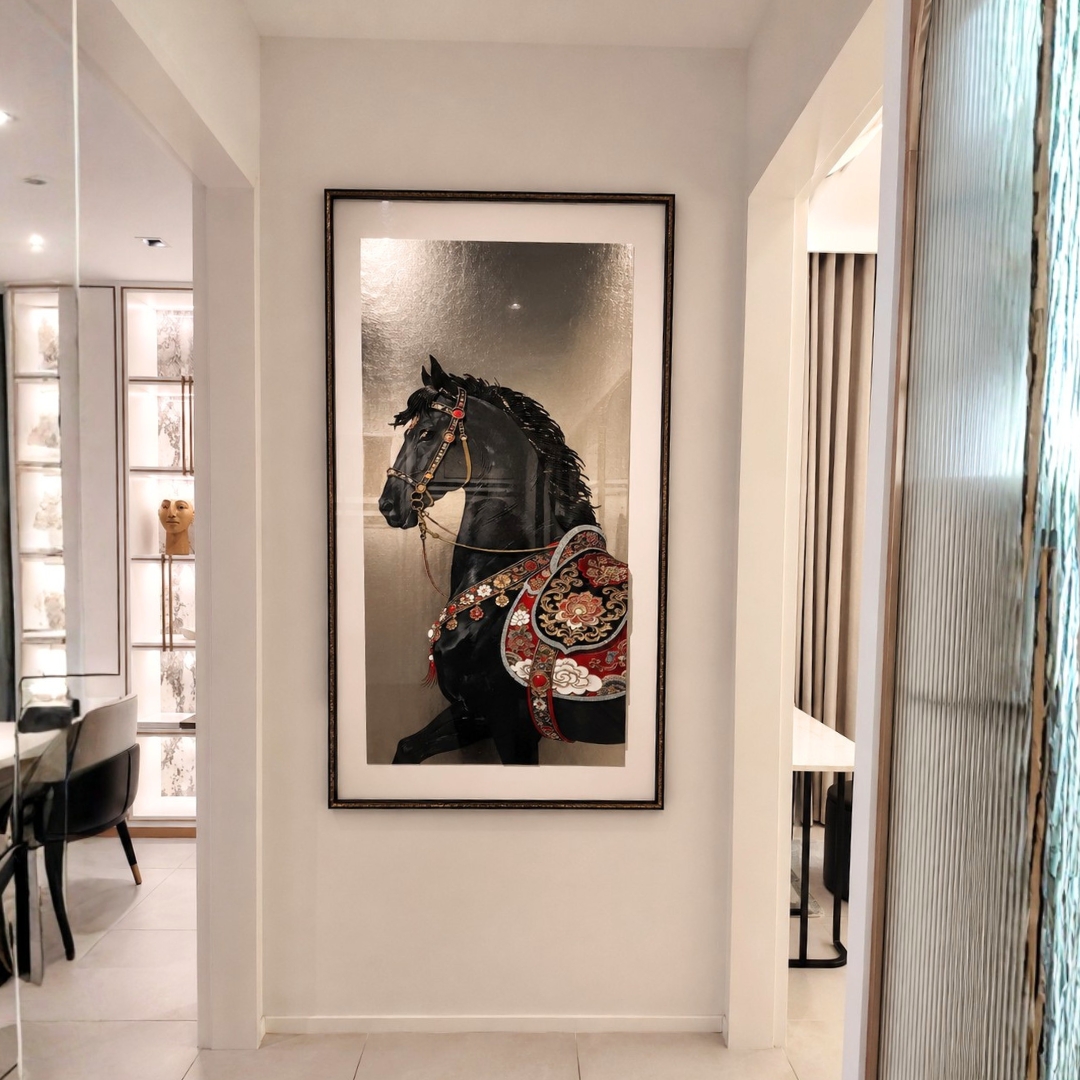 Modern Black Horse Artwork wall art with elegant horse design for hallway and living room interior.