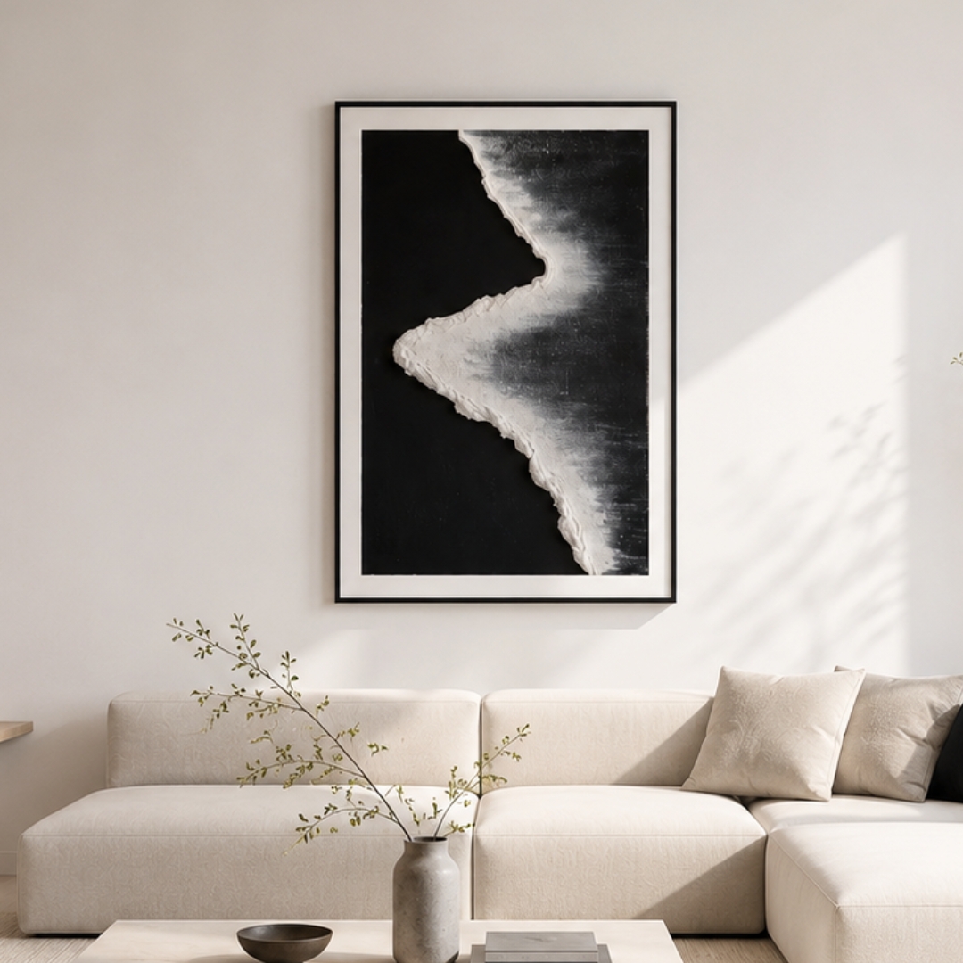 Modern Black Wave Sand Painting wall art with abstract black and white texture design for living room interior.