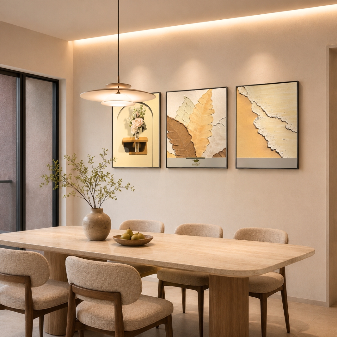 Modern botanical wall art set with abstract leaf design in warm neutral colours for dining room interior.