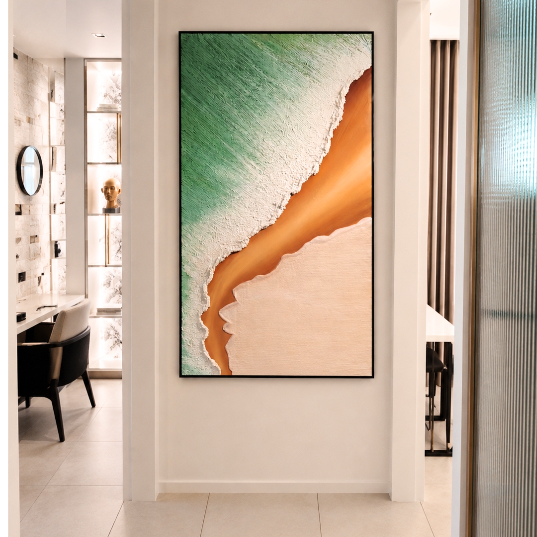 Modern coastal wave sand painting wall art with beach inspired texture design for hallway interior.