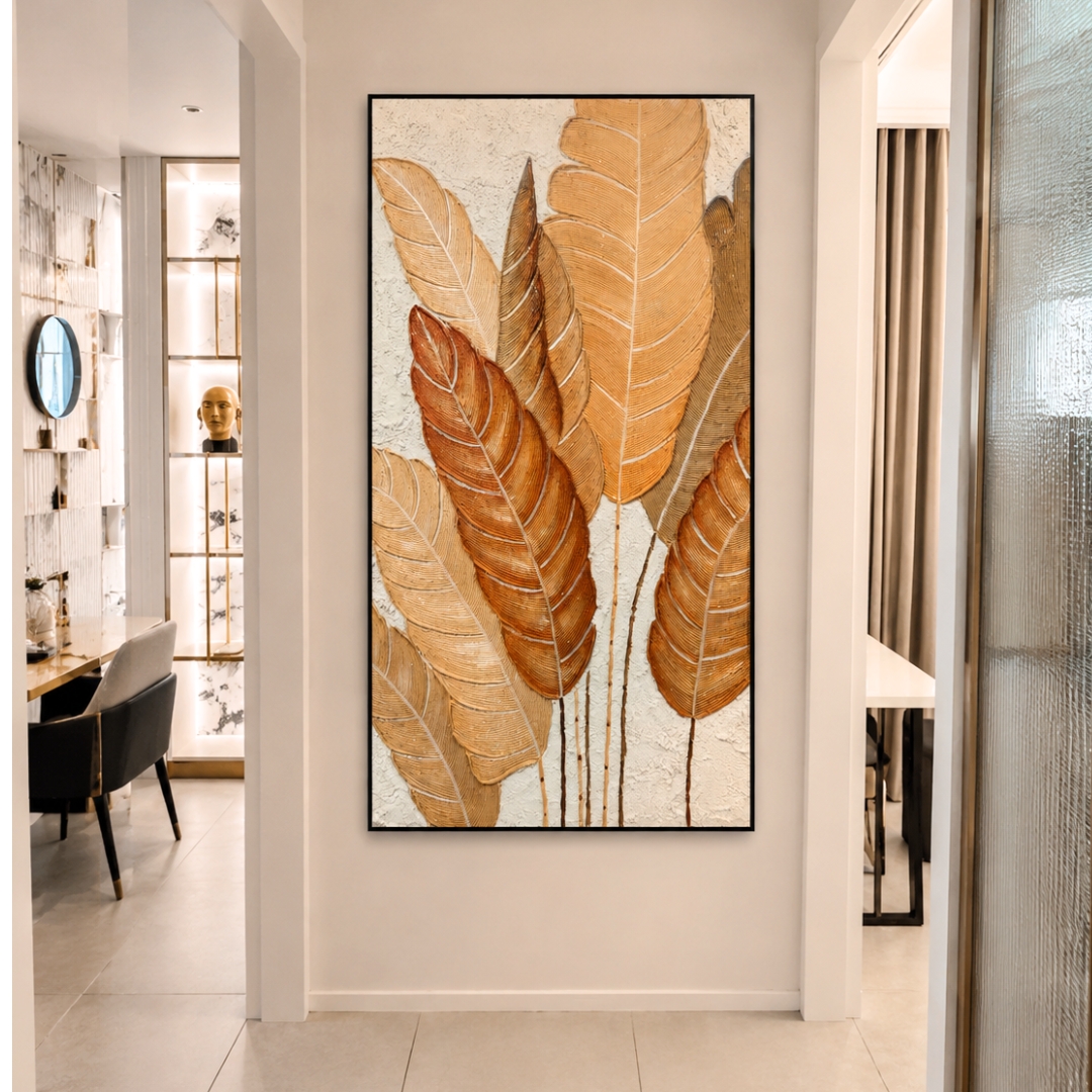 Modern botanical sand painting wall art with warm leaf design for hallway and living room interior