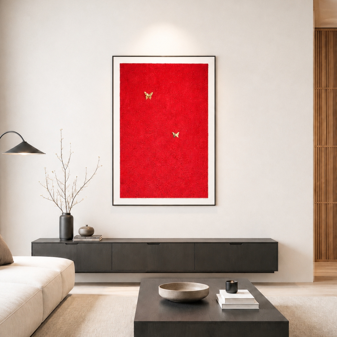 Gold Butterfly Red Texture Sand Painting wall art with red abstract texture design for living room interior.