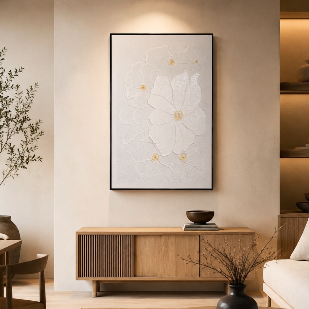 Modern Golden Flower Sand Painting wall art with minimalist floral texture design for living room interior.