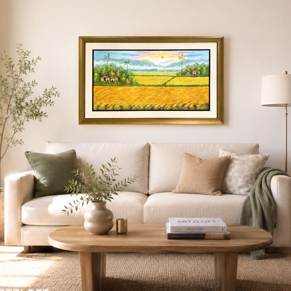 Golden Rice Field Sunrise Oil Painting with mountain landscape and prosperity inspired countryside scenery for living room interior.