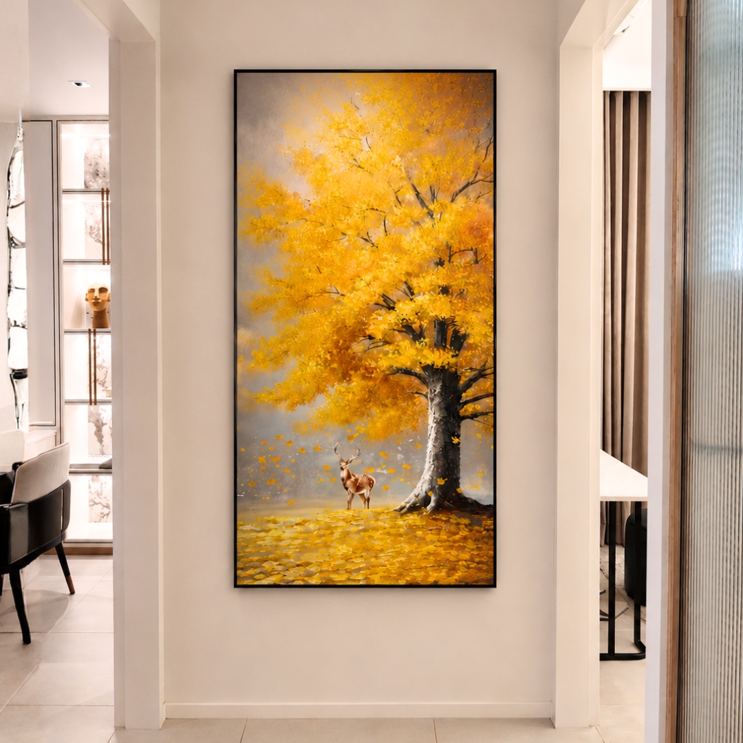 Modern Golden Tree Sand Painting wall art with yellow tree and nature landscape design for hallway interior.