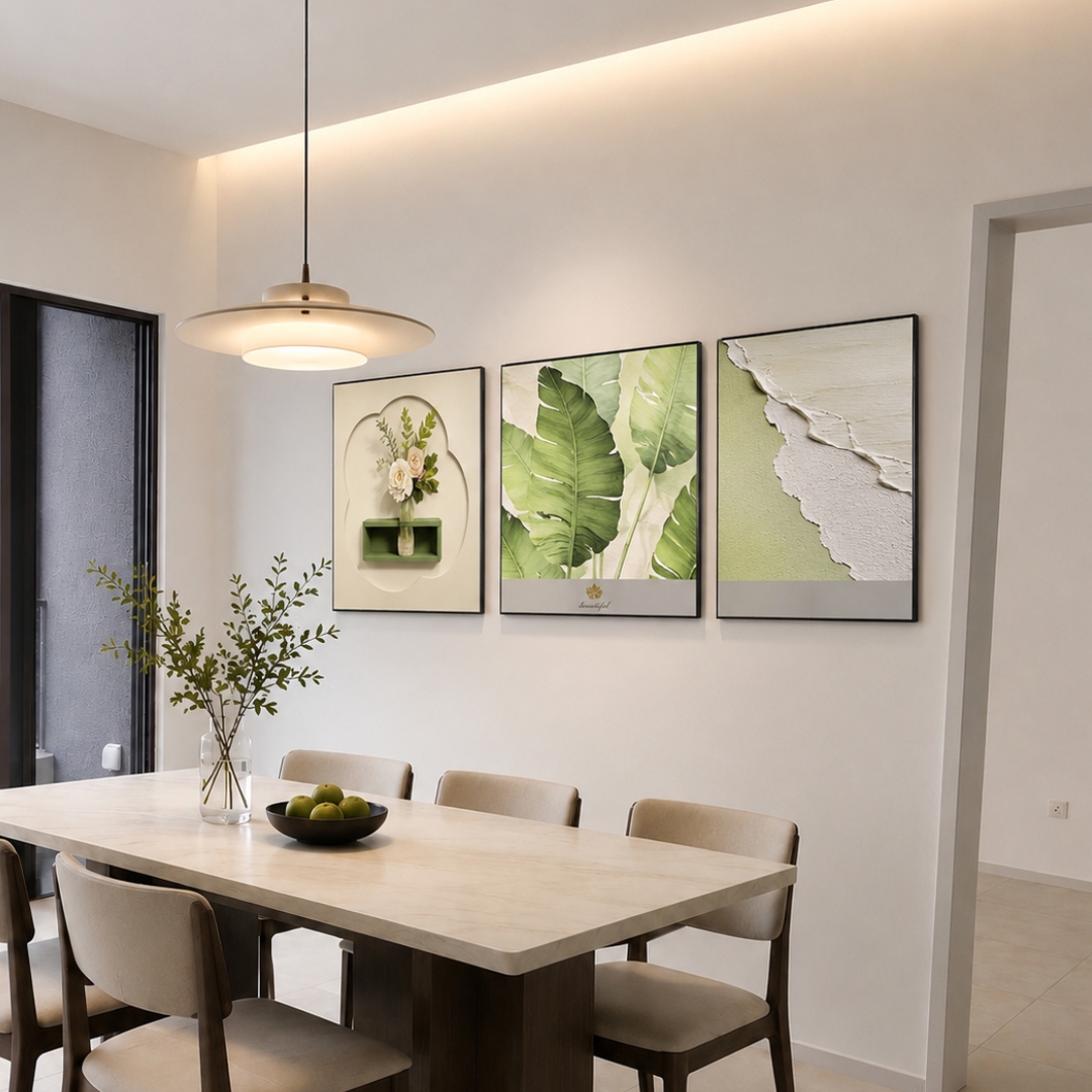 Modern green leaf botanical wall art set with minimalist framed design for dining room interior.