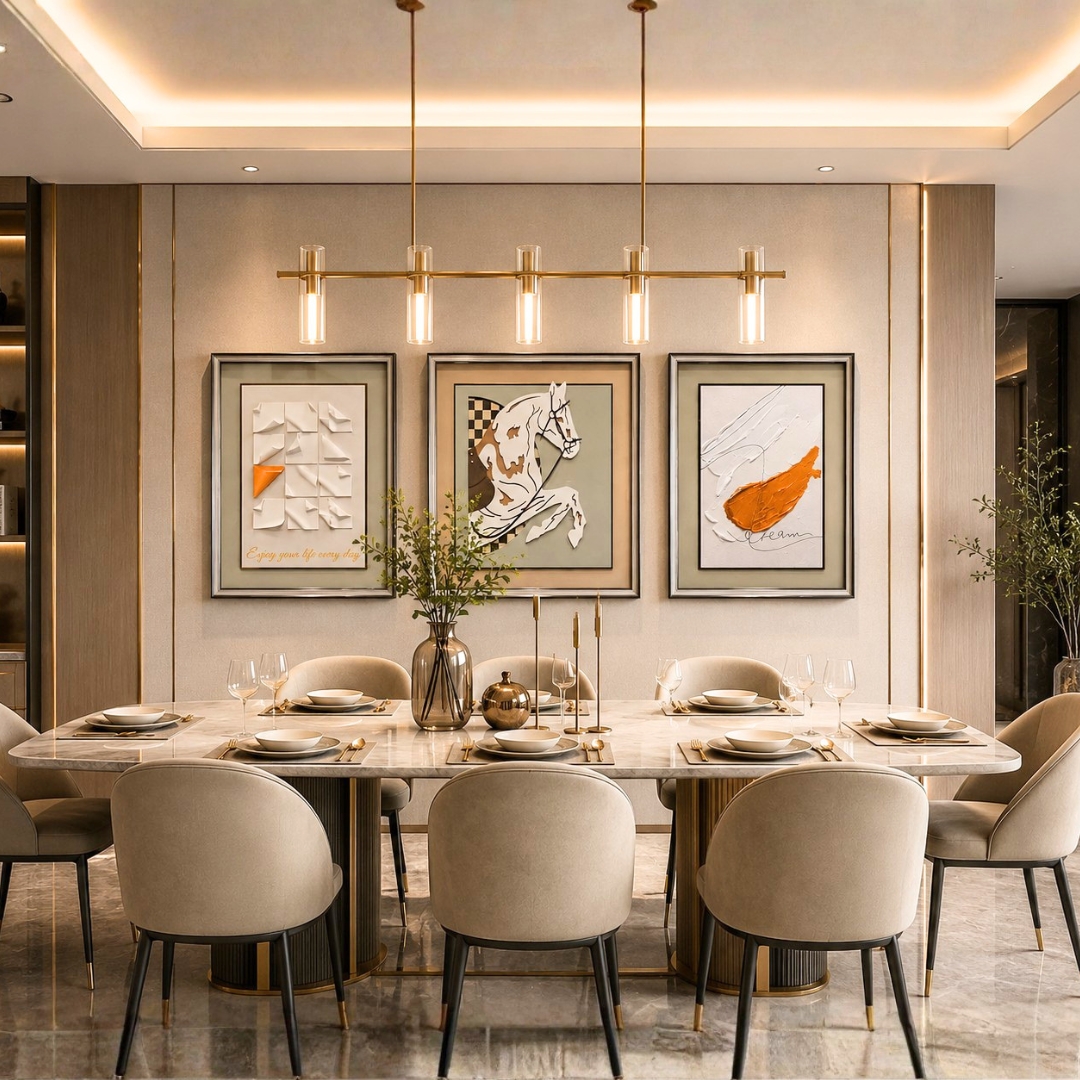 Horse Art Trio modern framed wall art set for luxury dining room interio