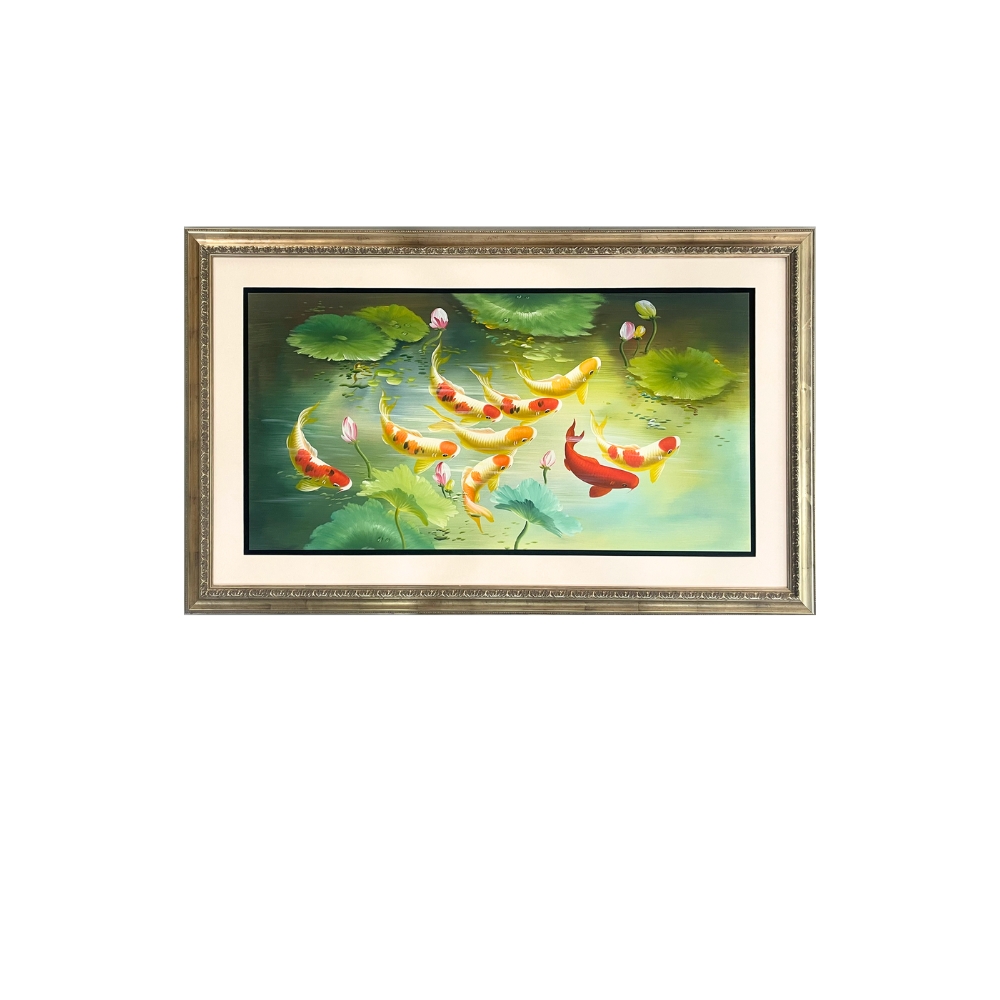 Koi Fish Prosperity Oil Painting with colourful koi fish swimming among lotus leaves and lotus flowers in a decorative pond.