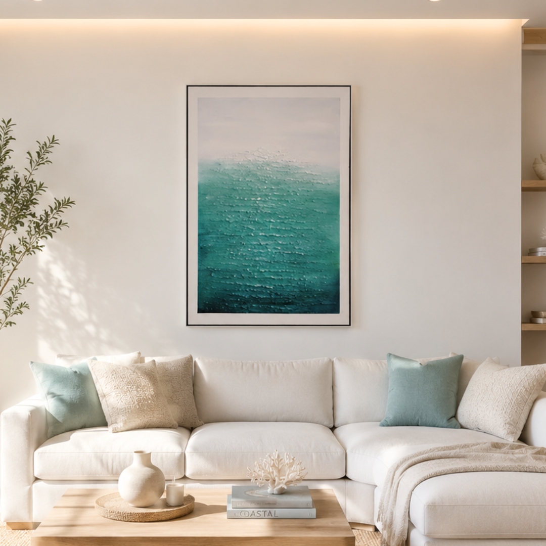 Ocean Sand Painting wall art with calming blue coastal texture design for living room interior.