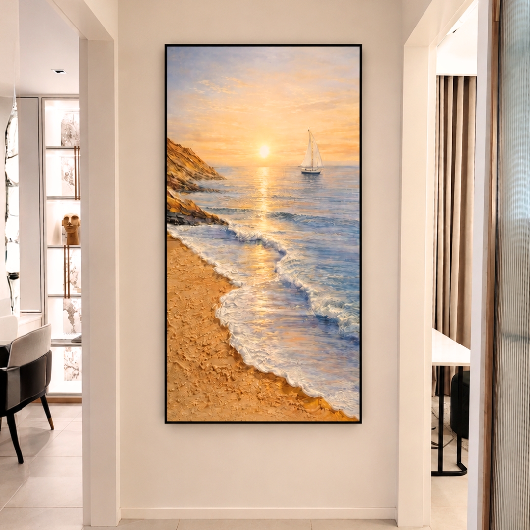 Modern Sunrise Beach Sand Painting wall art with coastal sea and sunset landscape design for hallway interior.