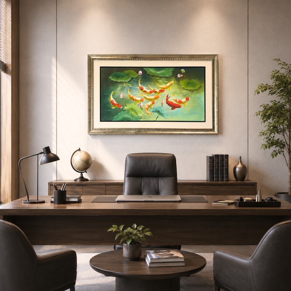 Koi Fish Prosperity Oil Painting with colourful koi fish swimming among lotus leaves and lotus flowers in a decorative pond.