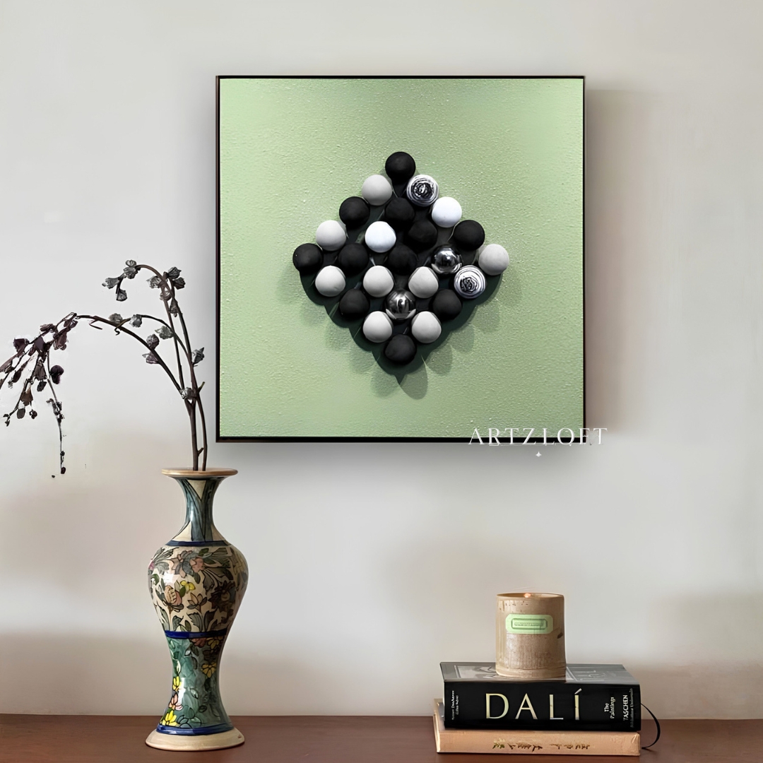 3D Sphere Wall Art 50cm x 50cm with black and white spheres on green textured background for modern home interior in Malaysia