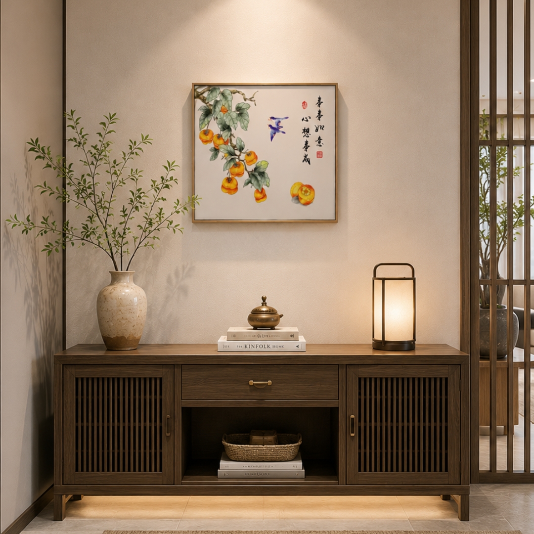 Chinese Persimmon Textured Wall Art featuring vibrant persimmons, traditional Chinese calligraphy, birds and raised texture details.