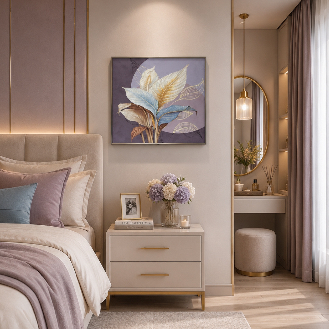 Botanical Leaf Wall Art featuring elegant textured leaves in gold and blue tones with modern decorative design.