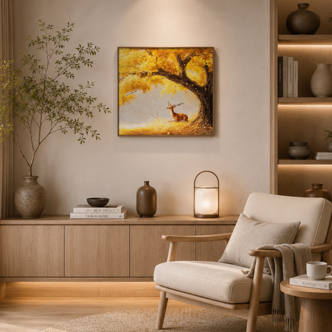 Golden Deer Textured Wall Art featuring a resting deer beneath a golden tree with raised texture details and autumn leaves.