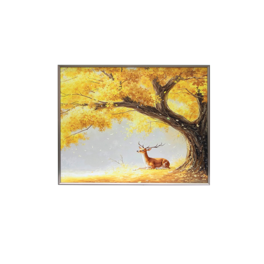 Golden Deer Textured Wall Art showcasing a deer resting under a golden tree with textured leaves and woodland landscape.