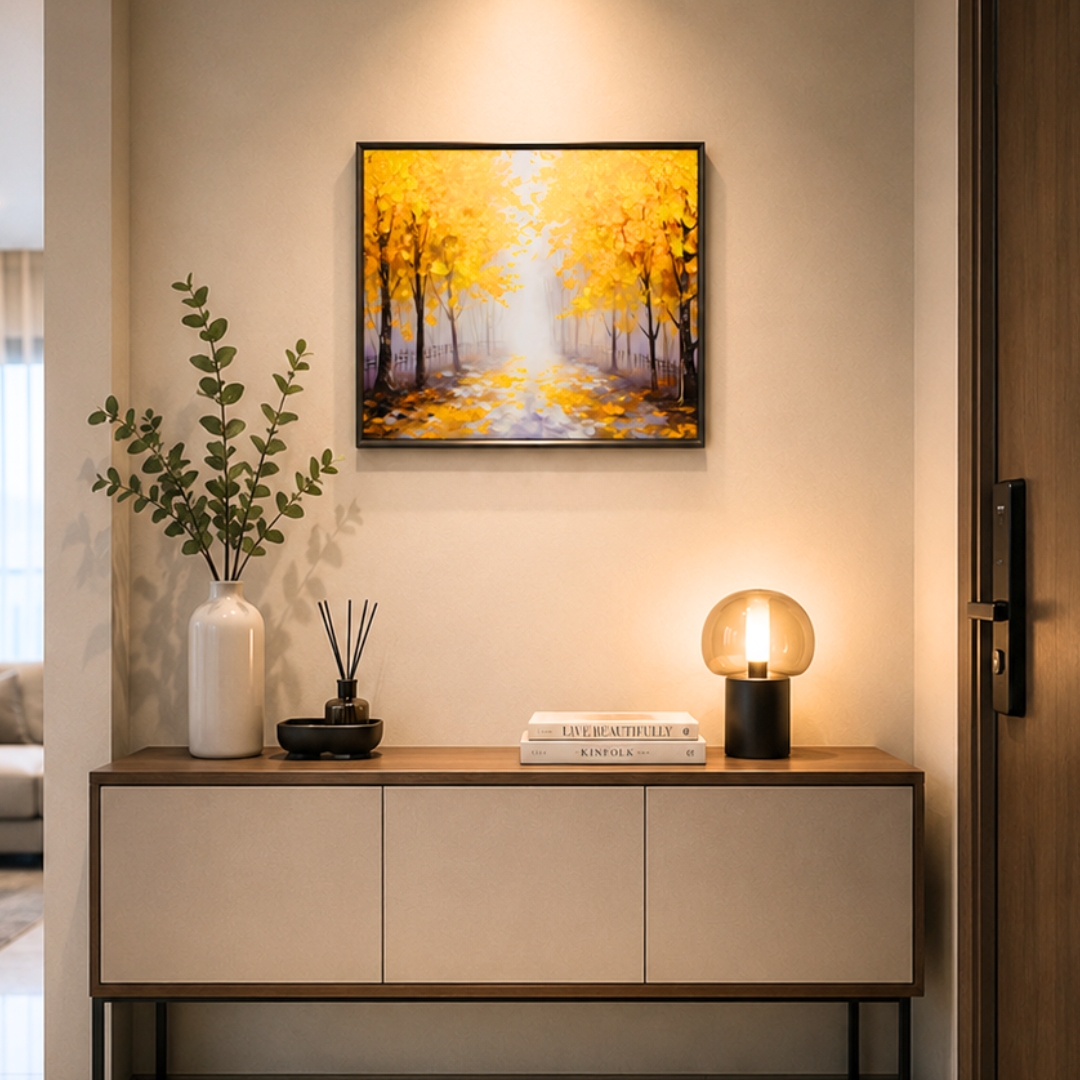 Golden forest path textured wall art featuring raised leaves and woodland scenery.