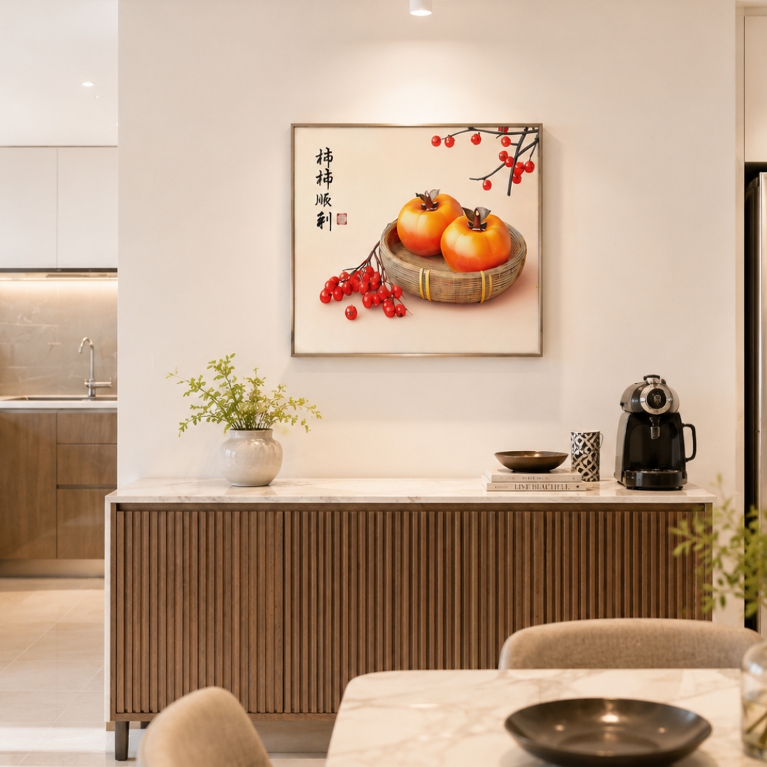 Persimmon Wall Art featuring textured persimmons in a basket, traditional Chinese calligraphy and raised texture details.