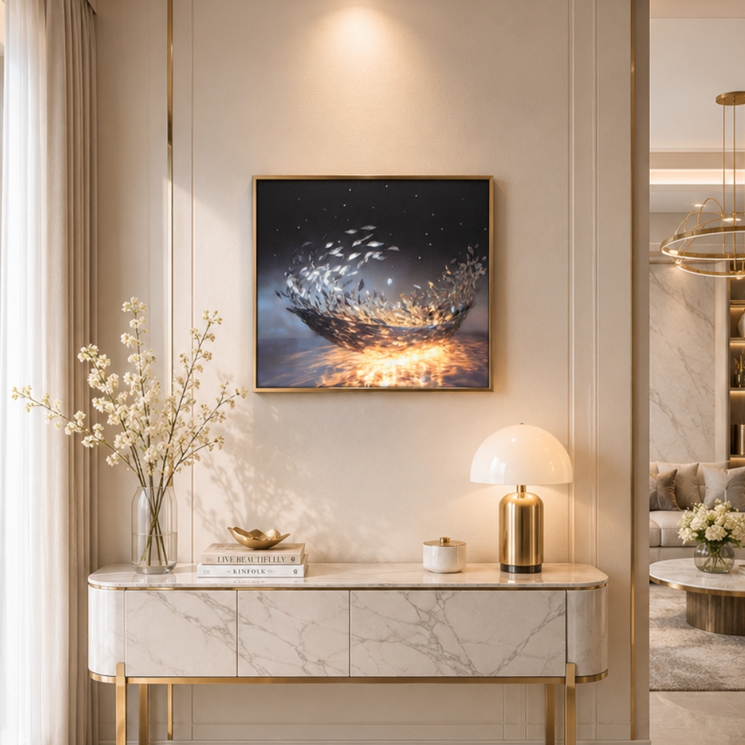 Silver Abstract Wall Art featuring metallic silver textures, flowing movement and raised texture details.